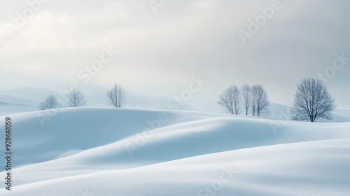 A serene winter landscape with gentle snow-covered hills and bare trees in a misty atmosphere.