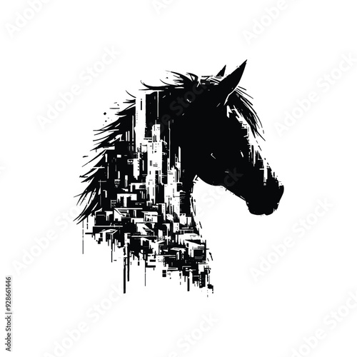 silhouette of Horse filled with destroyed futuristic dystopia environment in rough drawing,