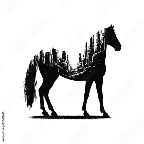silhouette of Horse filled with destroyed futuristic dystopia environment in rough drawing,