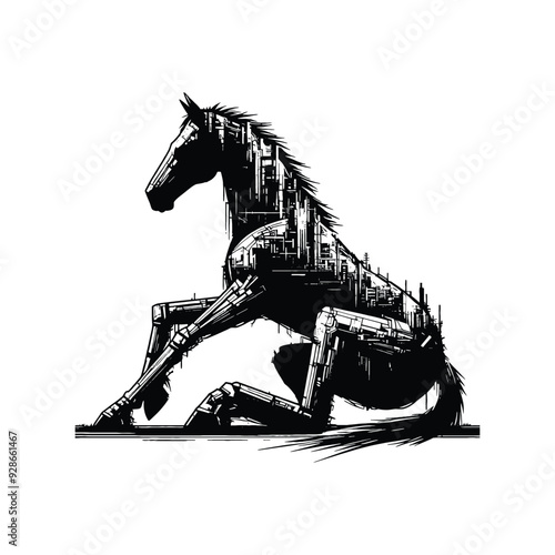 silhouette of Horse filled with destroyed futuristic dystopia environment in rough drawing,