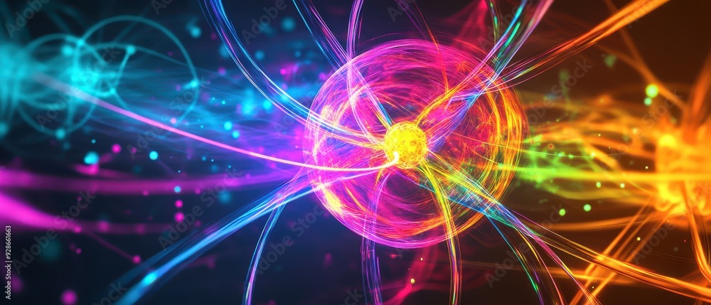 Energetic depiction of electronnucleus interaction within an atom, vibrant colors illustrating quantum forces, science concept Energetic depiction of electronnucleus interaction within an atom, vibrant colors illustrating quantum forces, science concept