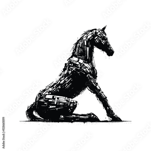 silhouette of Horse filled with destroyed futuristic dystopia environment in rough drawing,