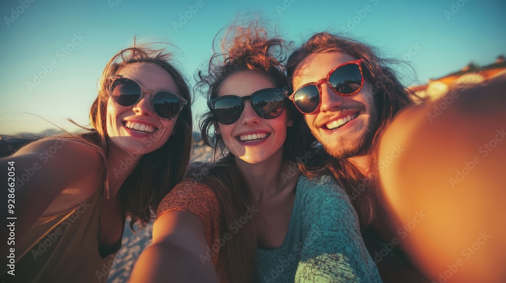 Three Friends Smiling and Taking a Selfie at Sunset Three Friends Smiling and Taking a Selfie at Sunset
