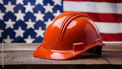 Labor day Layout with American Flag and Hard Hat - Patriotic Focus- A close-up view of an orange hard hat placed on a rustic wooden tabletop. Graphic art illustration lay photo