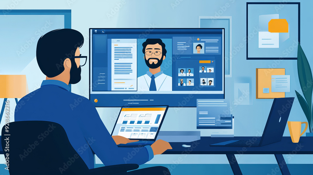 A manager leading a virtual meeting with remote team members displayed on a large screen. A manager conducting a performance review with an employee in a modern office. The scene includes performance A manager leading a virtual meeting with remote team members displayed on a large screen. A manager conducting a performance review with an employee in a modern office. The scene includes performance