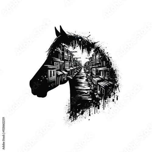 silhouette of Horse filled with ghetto street in rough drawing,