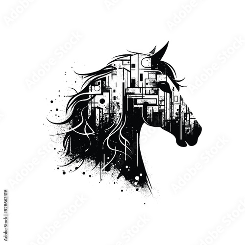silhouette of Horse filled with graffiti street wall in rough drawing,