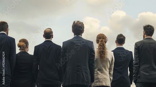 Group picture of businessman standing watching focusing above see high sky outside, represent management vision, decide strategy for future business or investment plan convey sense of success. AIG53.