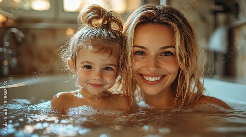 In the bathroom, a young mother is combing her hair while her small daughter watches.