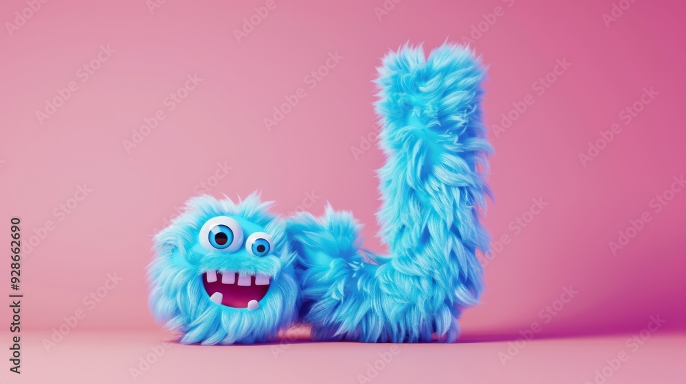 Fototapeta premium Blue 3D Fluffy Letter J with pink background.