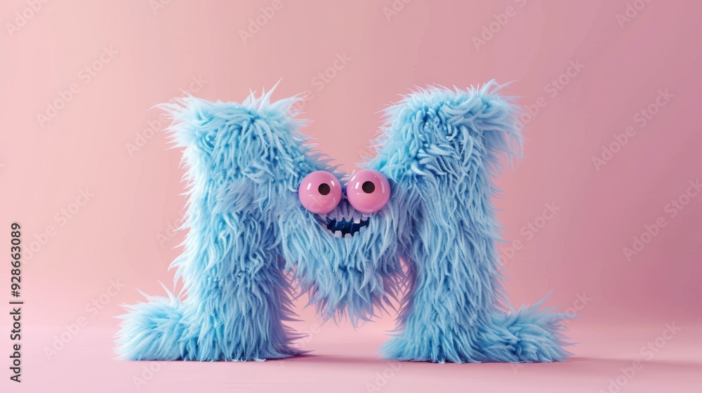 Fototapeta premium Blue 3D Fluffy Letter M with pink background.