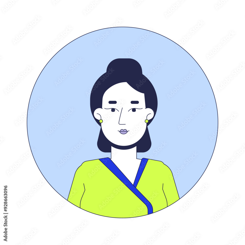Japanese woman kimono traditional 2D linear vector avatar illustration. Asian female geisha yukata cartoon character face portrait. Relaxed high class lady flat color user profile image isolated Japanese woman kimono traditional 2D linear vector avatar illustration. Asian female geisha yukata cartoon character face portrait. Relaxed high class lady flat color user profile image isolated
