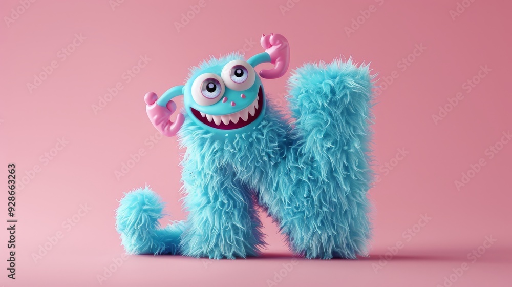Fototapeta premium Blue 3D Fluffy Letter N with pink background.