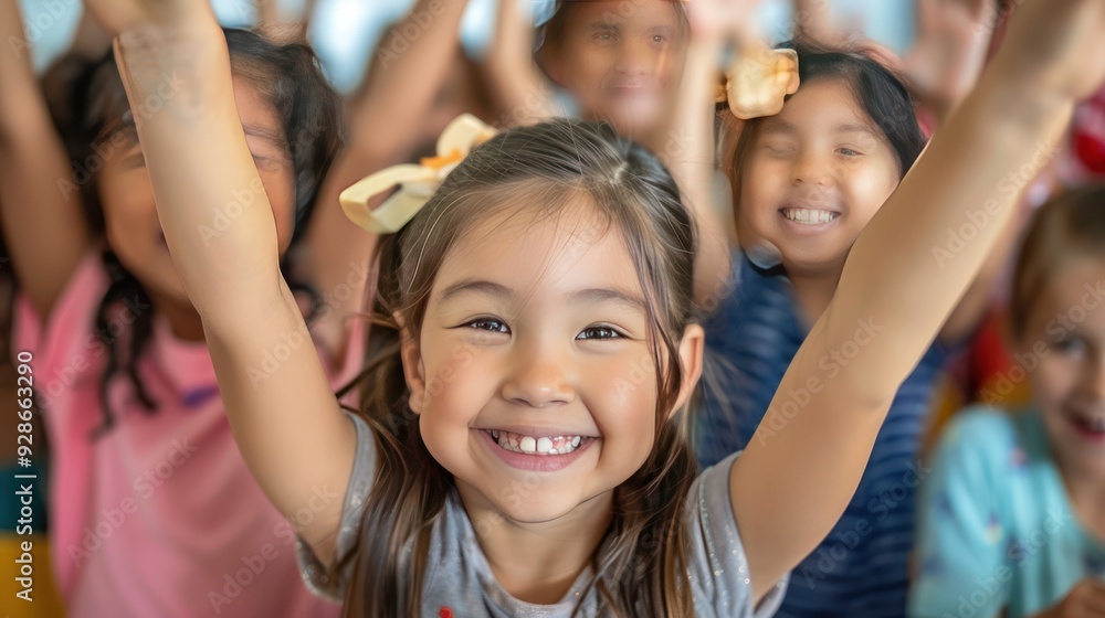A Young Girl Smiles Cheerfully with Arms Raised High A Young Girl Smiles Cheerfully with Arms Raised High