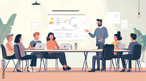 A manager leading a team meeting in a modern office setting. A group of managers brainstorming and planning a new business strategy around a conference table.