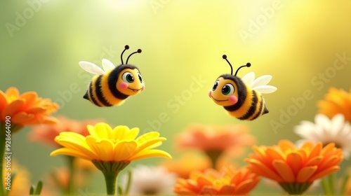 Two cheerful cartoon bees buzz joyfully above bright orange and white flowers, set against a warm, sunny background.