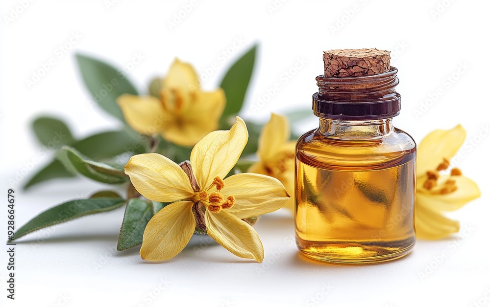 Aesthetic bottle of essential oil with yellow flowers and green leaves, perfect for wellness and aromatherapy projects. Aesthetic bottle of essential oil with yellow flowers and green leaves, perfect for wellness and aromatherapy projects.