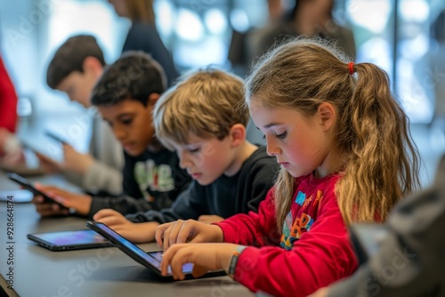 Group of students using tablets for a collaborative learning activity