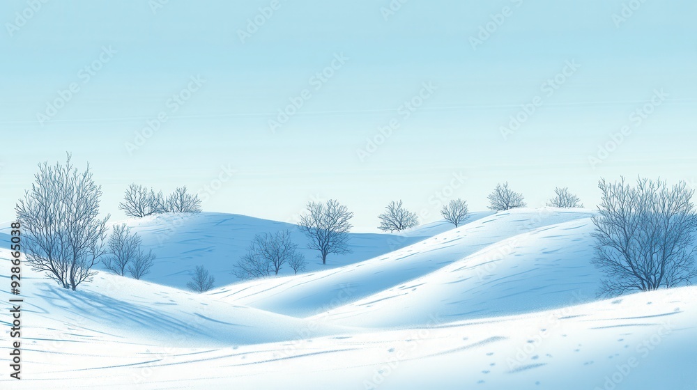 A serene winter landscape with snow-covered hills and bare trees under a clear blue sky. A serene winter landscape with snow-covered hills and bare trees under a clear blue sky.