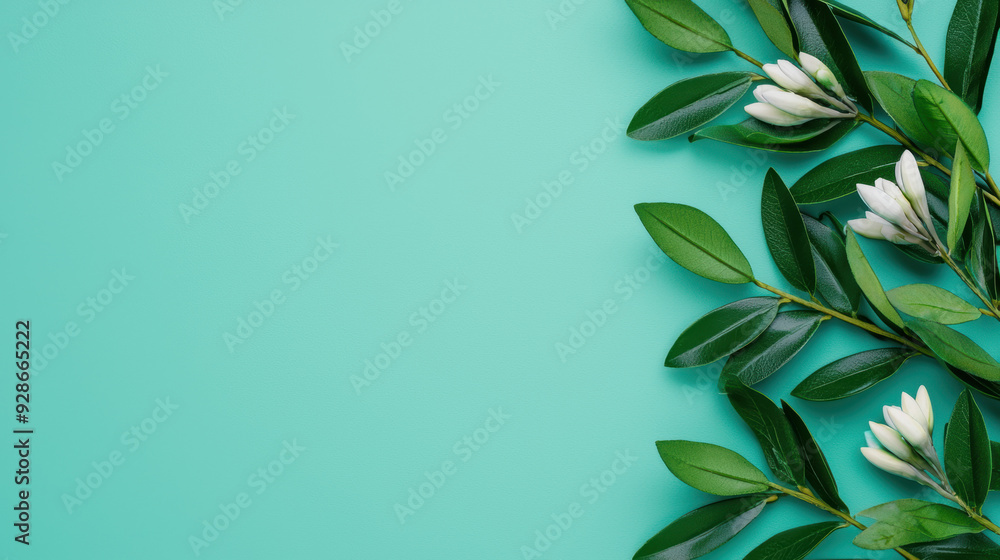Elegant green leaves with white flowers on a pastel green background. Perfect for nature-themed designs, invitations, or eco-friendly concepts. Elegant green leaves with white flowers on a pastel green background. Perfect for nature-themed designs, invitations, or eco-friendly concepts.