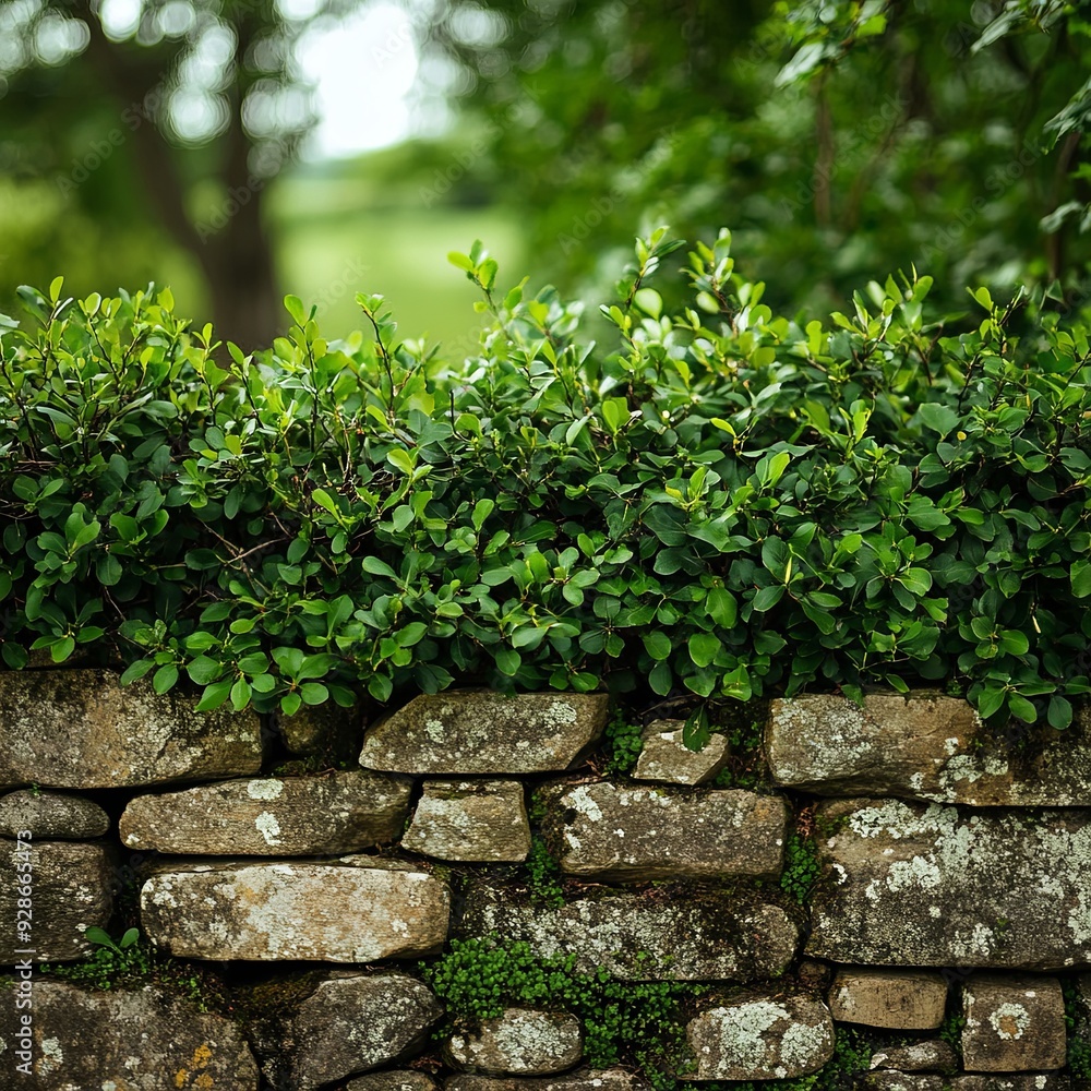 Over the stone fence beautiful green bushes. Close up shot Over the stone fence beautiful green bushes. Close up shot