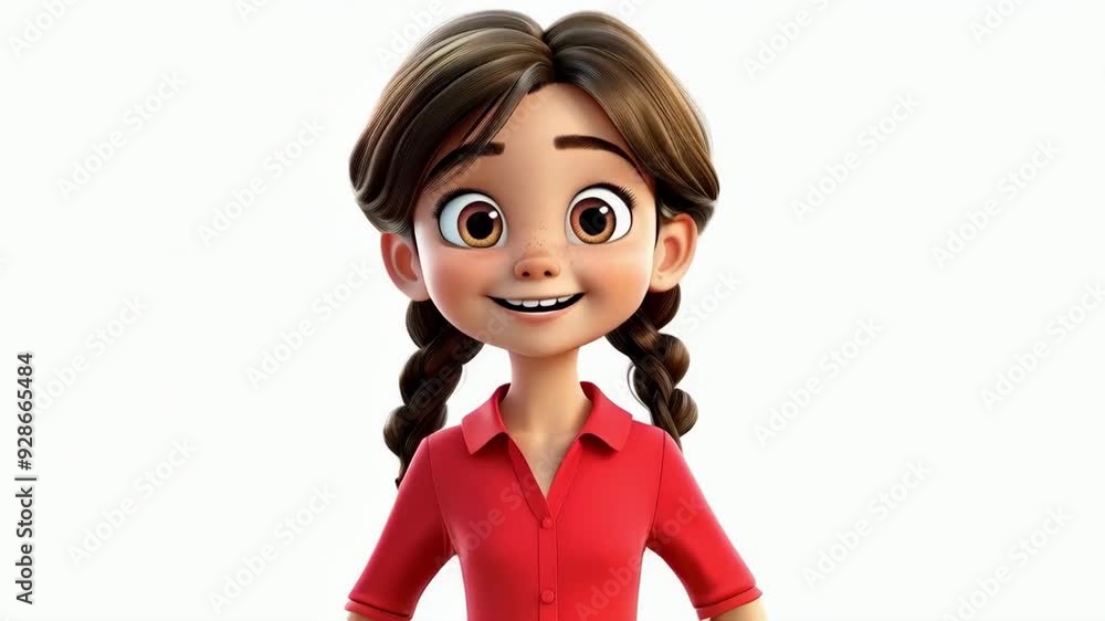 3D Animation of Brightly Smiling Young Cartoon Girl with Brown Hair in Braids on White Background 3D Animation of Brightly Smiling Young Cartoon Girl with Brown Hair in Braids on White Background