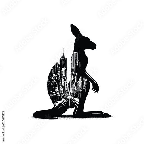 silhouette of Kangaroo filled with ghetto street in rough drawing,