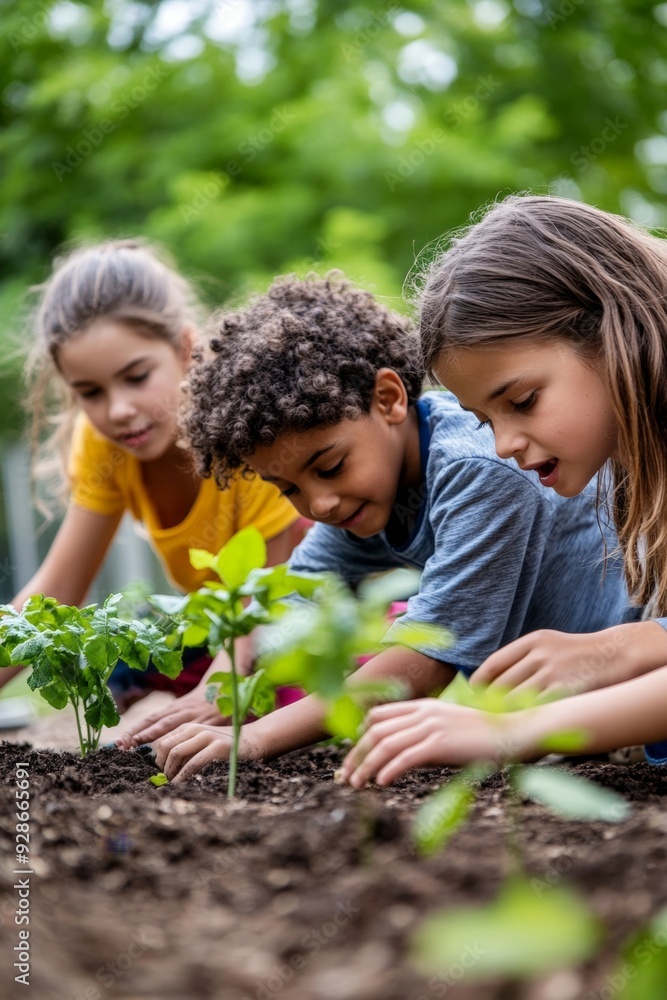 Children working together on a garden project outdoors Children working together on a garden project outdoors