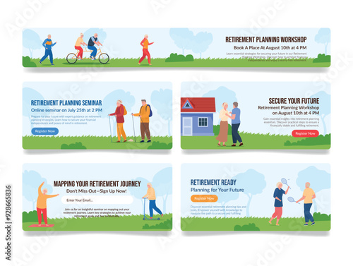 Banners for community retirement planning seminars that will feature a variety of themed events and sessions.