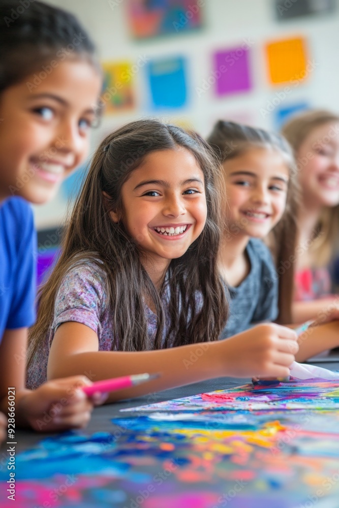 Children in a classroom working on a team art project