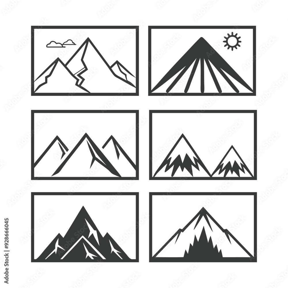 Mountains silhouettes on the white background. Vector set of outdoor design elements. Mountains
vector illustration, silhouette, logo icon and line art Mountains silhouettes on the white background. Vector set of outdoor design elements. Mountains
vector illustration, silhouette, logo icon and line art