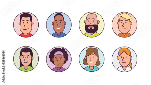 Illustrated flat simple line characters profile images. Cropped headshots. Eight diverse colorful characters. Easy to edit.	