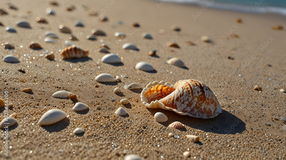 A serene beach with seashells scattered across the soft sand. Background A serene beach with seashells scattered across the soft sand. Background
