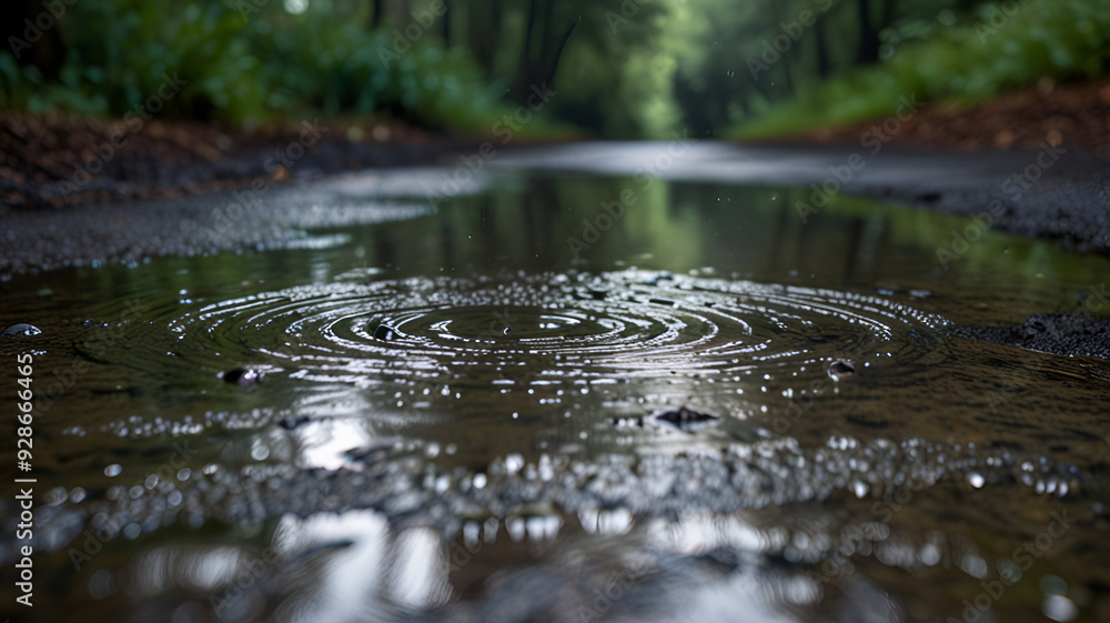 Raindrops creating ripples on a small puddle in the middle of a forest path. Background Raindrops creating ripples on a small puddle in the middle of a forest path. Background