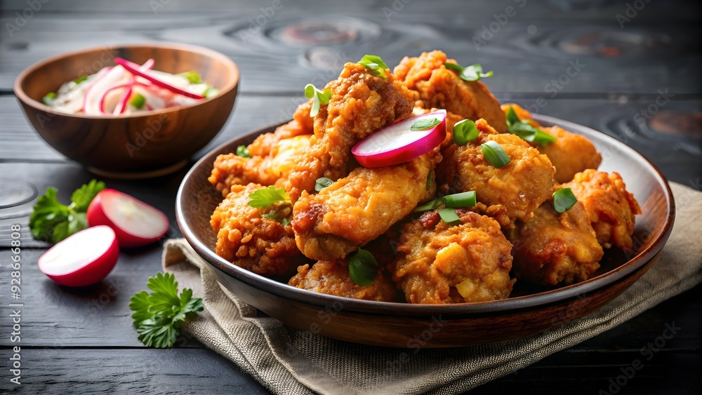 Crispy and flavorful Korean fried chicken served with pickled radish, Korean, fried chicken, crispy, delicious Crispy and flavorful Korean fried chicken served with pickled radish, Korean, fried chicken, crispy, delicious