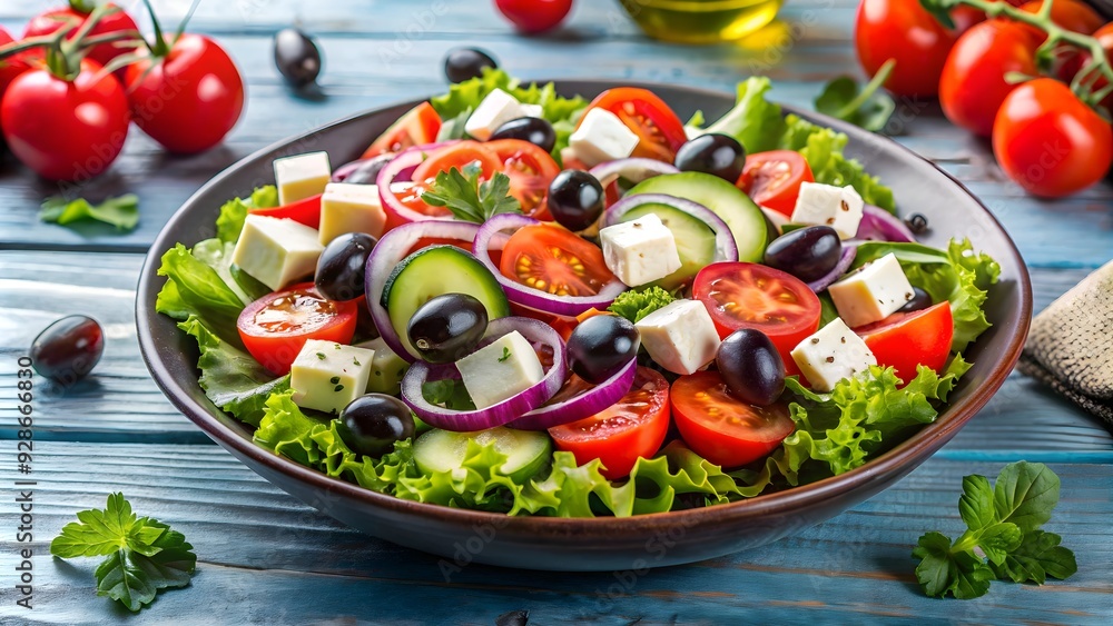Fresh and colorful Greek salad with tomatoes, cucumbers, olives, feta cheese, and dressing, healthy, Mediterranean Fresh and colorful Greek salad with tomatoes, cucumbers, olives, feta cheese, and dressing, healthy, Mediterranean