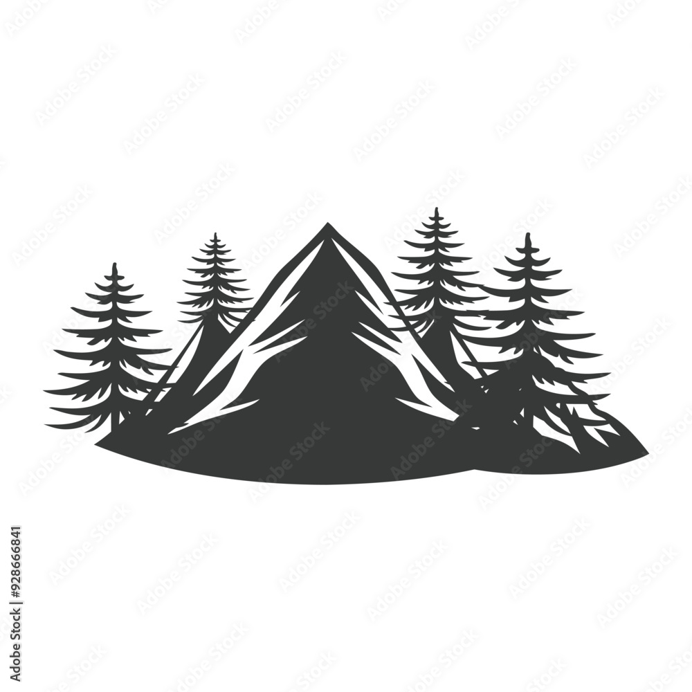 Fototapeta premium Mountains silhouettes on the white background. Vector set of outdoor design elements. Mountains vector illustration, silhouette, logo icon and line art