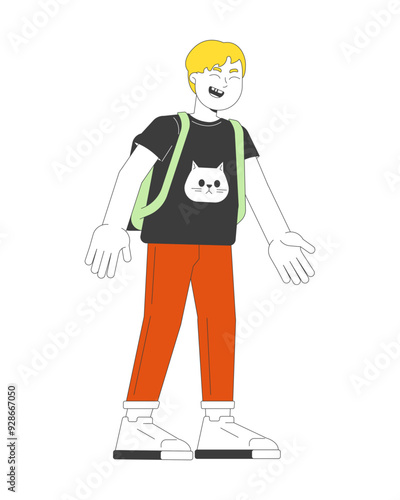 Laughing preteen boy 2D cartoon character. Caucasian white blond schoolboy with backpack isolated flat vector person white background. Elementary school kid excited giggling color spot illustration