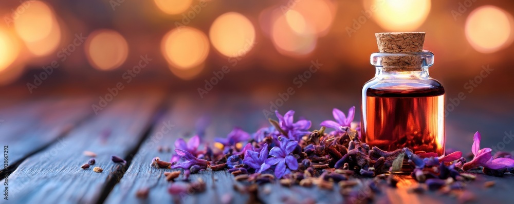 A decorative bottle with aromatic oil surrounded by vibrant flowers on a rustic wooden surface, creating a calming ambiance. A decorative bottle with aromatic oil surrounded by vibrant flowers on a rustic wooden surface, creating a calming ambiance.
