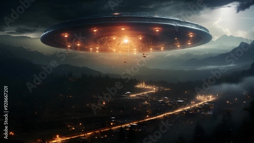 Wallpaper Mural A large UFO hovers over a small town at night, with glowing lights and a bright beam emanating from its underside. Small objects are falling from the craft. Torontodigital.ca