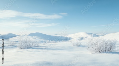 Wallpaper Mural A serene winter landscape with snow-covered hills and sparse vegetation under a clear sky. Torontodigital.ca