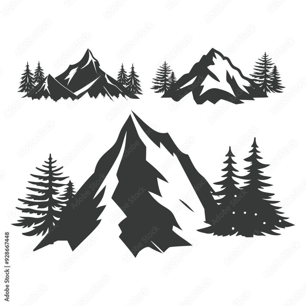 Obraz premium Mountains silhouettes on the white background. Vector set of outdoor design elements. Mountains vector illustration, silhouette, logo icon and line art