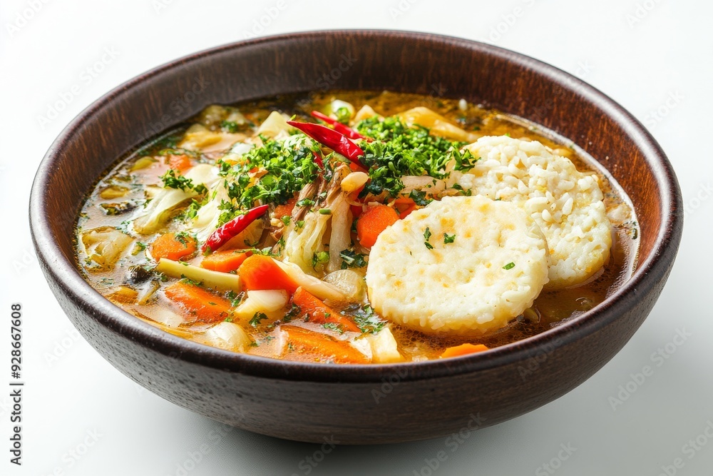 Bandung Vegetable Stew with Rice Cakes, From West Java, Isolated on White Background Bandung Vegetable Stew with Rice Cakes, From West Java, Isolated on White Background