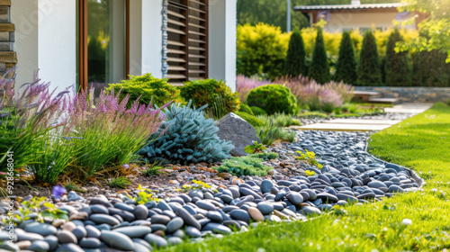 Beautifully landscaped garden featuring colorful flowers, decorative rocks, and lush greenery in a residential setting photo