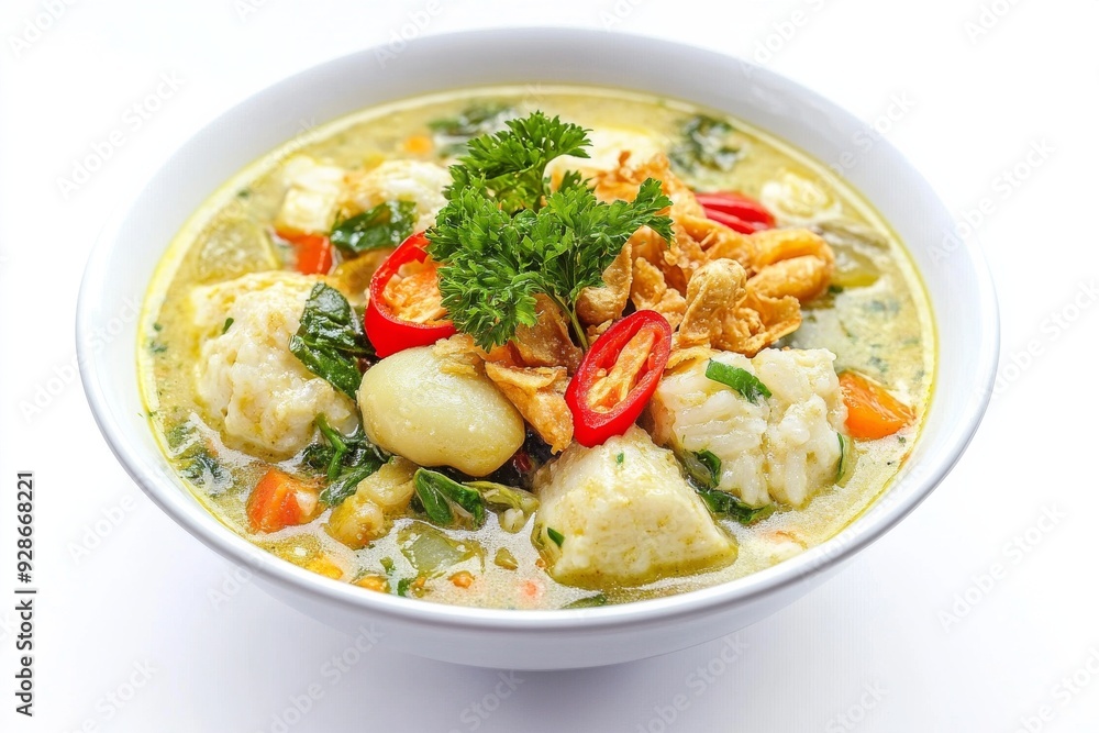 Javanese Vegetable Stew with Rice Cakes, Common in Central Java, isolated on white background Javanese Vegetable Stew with Rice Cakes, Common in Central Java, isolated on white background