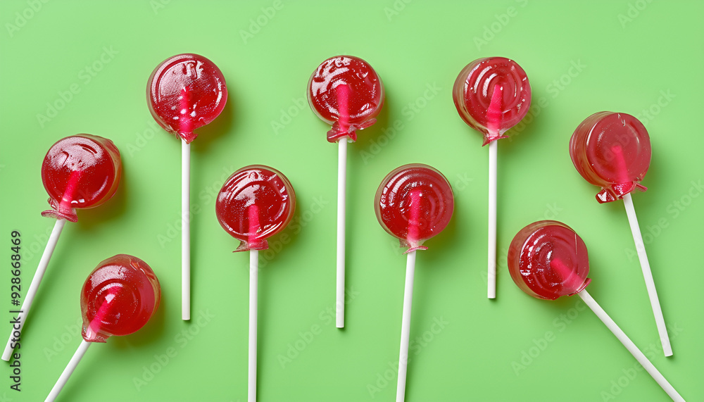 Tasty lollipops on green background, flat lay Tasty lollipops on green background, flat lay