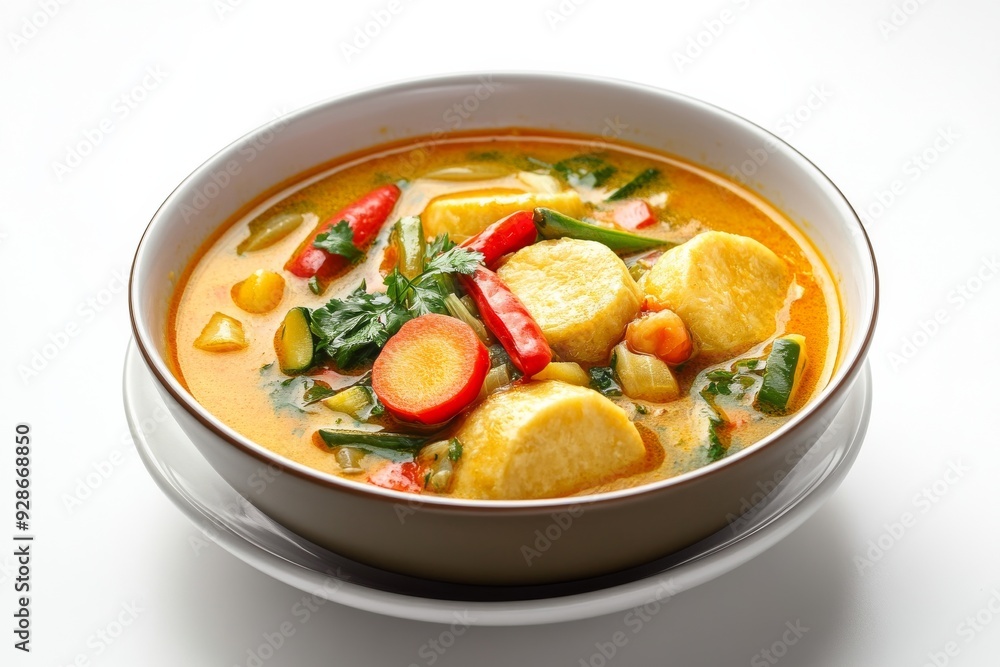 Padang Vegetable Stew with Rice Cakes, This variant from West Sumatra is spicier and richer in flavor. isolated on white background Padang Vegetable Stew with Rice Cakes, This variant from West Sumatra is spicier and richer in flavor. isolated on white background