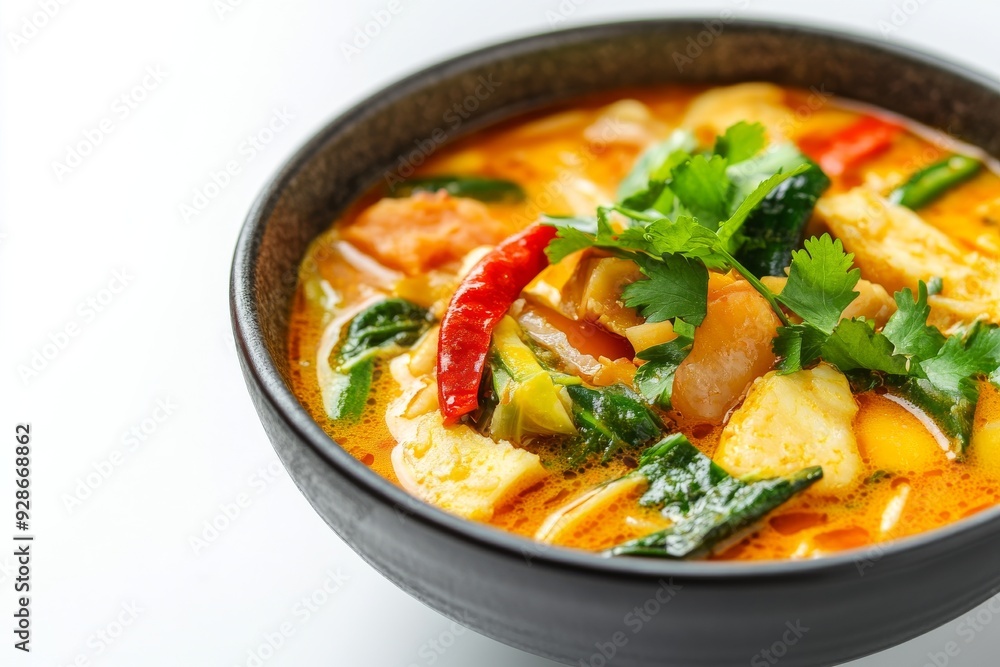 Padang Vegetable Stew with Rice Cakes, This variant from West Sumatra is spicier and richer in flavor. isolated on white background Padang Vegetable Stew with Rice Cakes, This variant from West Sumatra is spicier and richer in flavor. isolated on white background