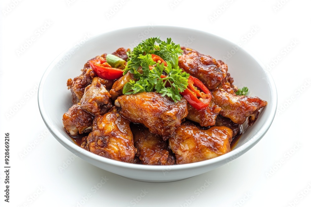 Pop Chicken, A unique Padang dish where chicken is boiled with spices until tender, then briefly fried before serving. isolated on white background Pop Chicken, A unique Padang dish where chicken is boiled with spices until tender, then briefly fried before serving. isolated on white background