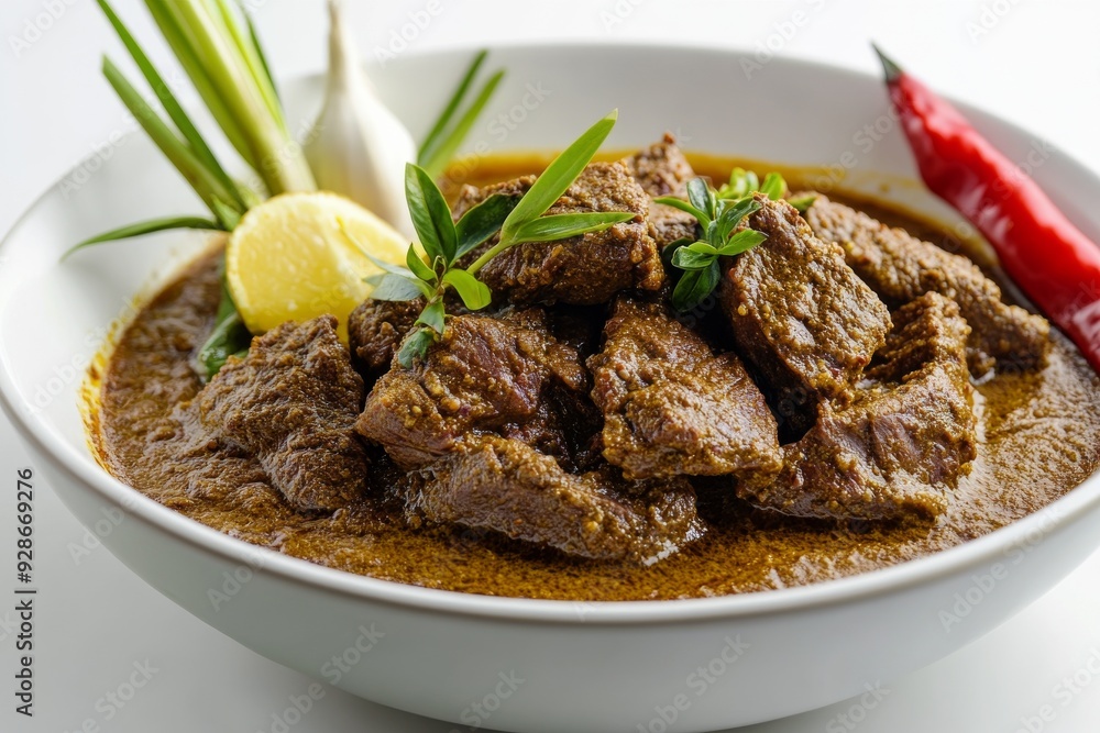 Rendang, A slow-cooked dry curry made from beef braised in coconut milk and a mixture of lemongrass, galangal, garlic, turmeric, ginger, and chilies. Isolated on White Background Rendang, A slow-cooked dry curry made from beef braised in coconut milk and a mixture of lemongrass, galangal, garlic, turmeric, ginger, and chilies. Isolated on White Background